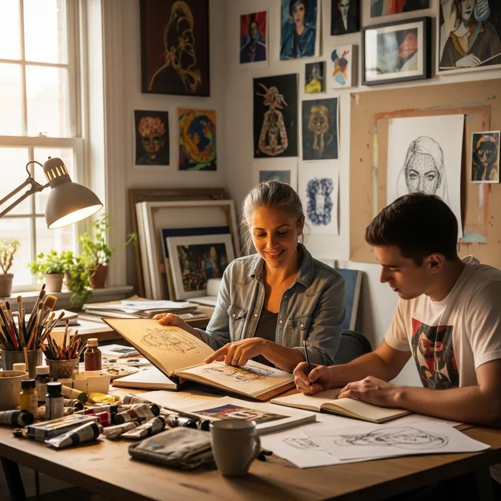 Mentor and mentee discussing artwork in a creative workspace, illustrating the impact of personalized mentorship