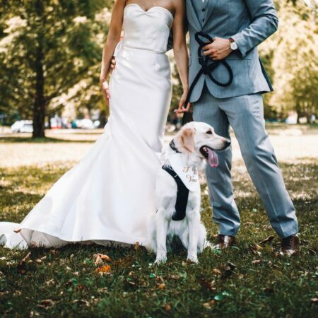 a man and woman walking a dog