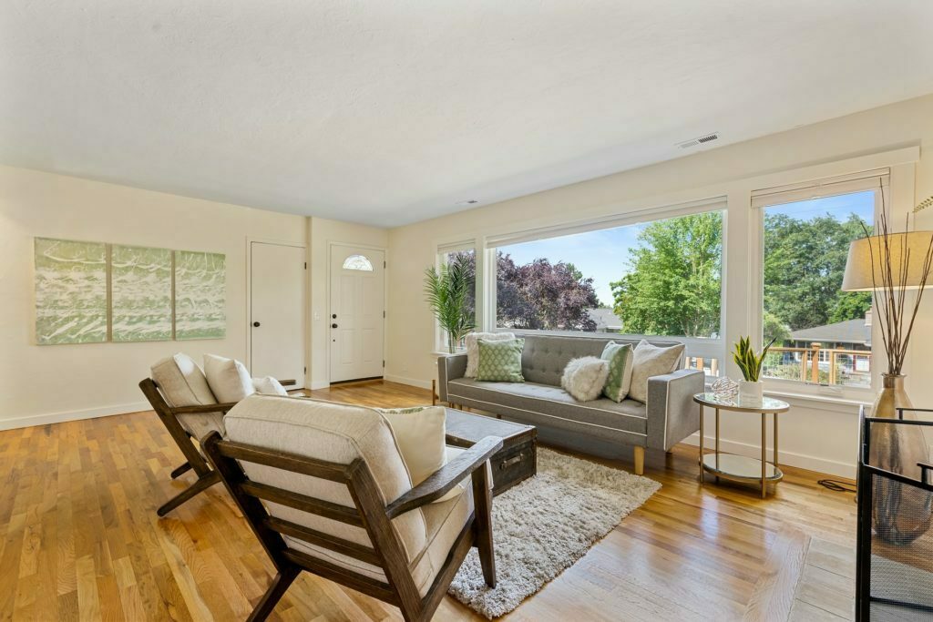 a living room with a large window