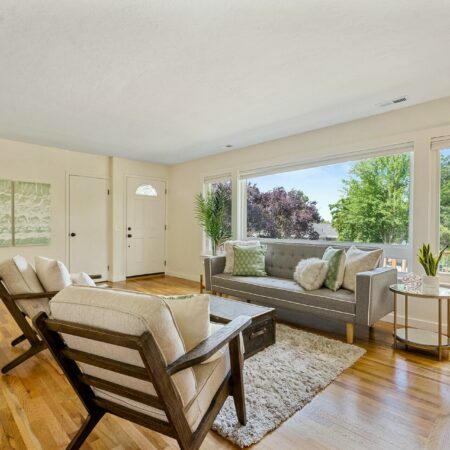 a living room with a large window