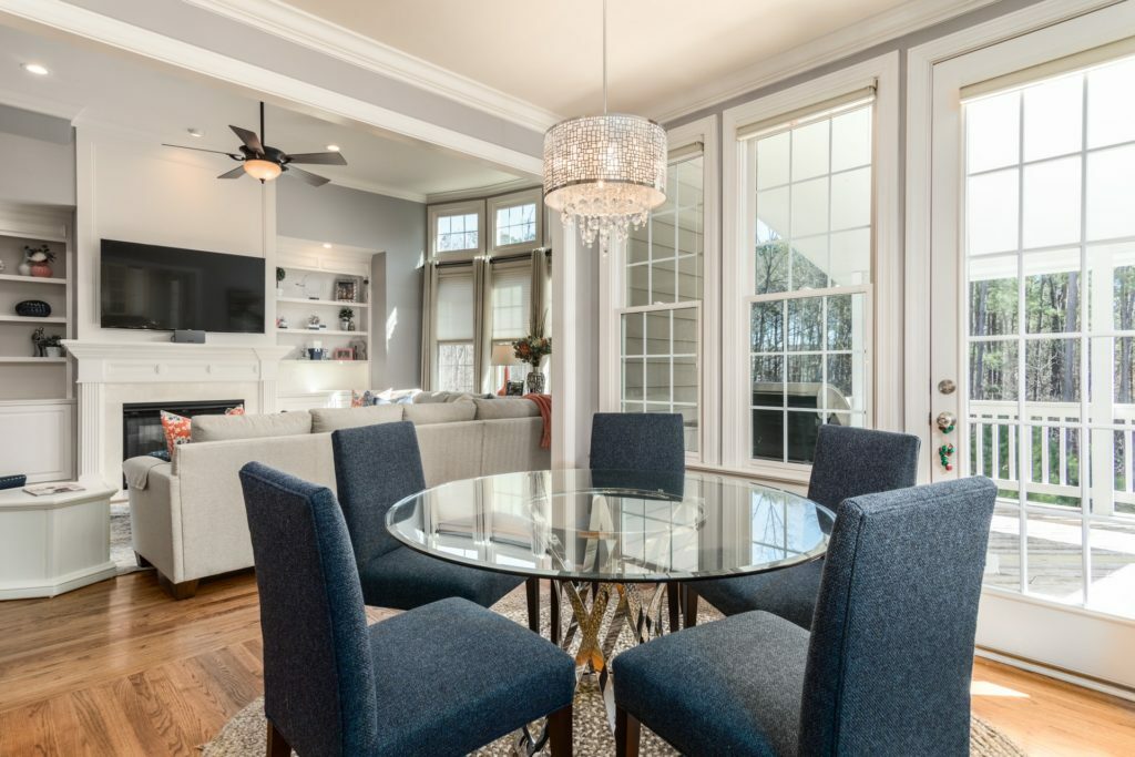 a living room with a large window