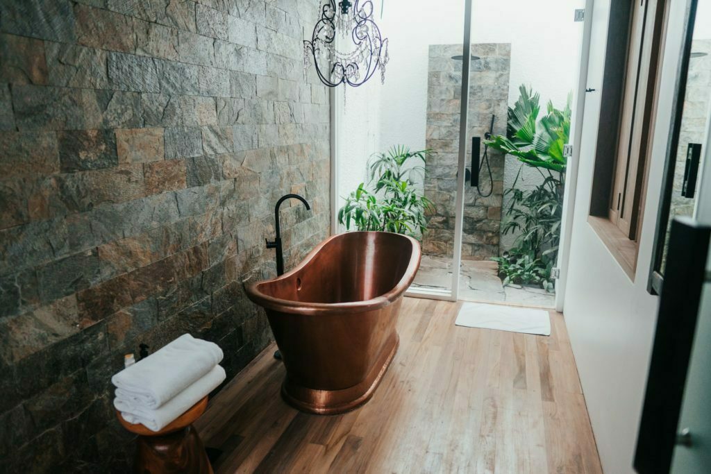 a large brown tub in a bathroom