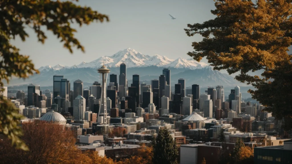 a panoramic view of seattle's skyline with the iconic space needle standing tall against a backdrop of mountains and a clear sky.