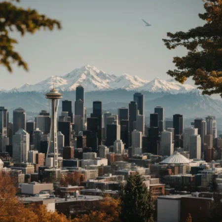 a panoramic view of seattle's skyline with the iconic space needle standing tall against a backdrop of mountains and a clear sky.