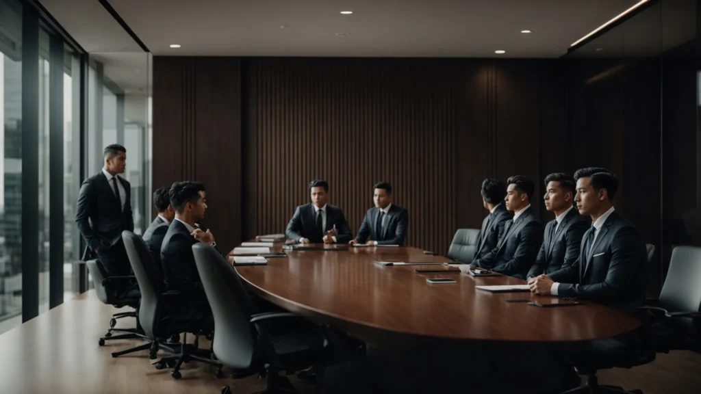 a group of confident men in elegant suits sitting around a large conference table in a sleek, modern boardroom.
