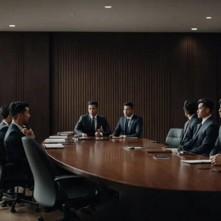 a group of confident men in elegant suits sitting around a large conference table in a sleek, modern boardroom.
