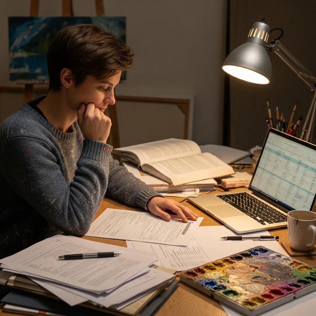 An artist reviewing grant applications at a desk, highlighting the search for funding opportunities for residencies