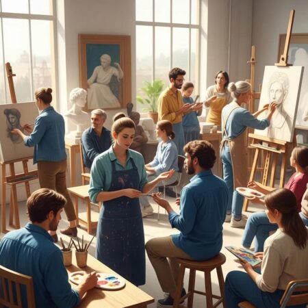 Artists collaborating in a bright studio, showcasing creativity and community in artist residency programs