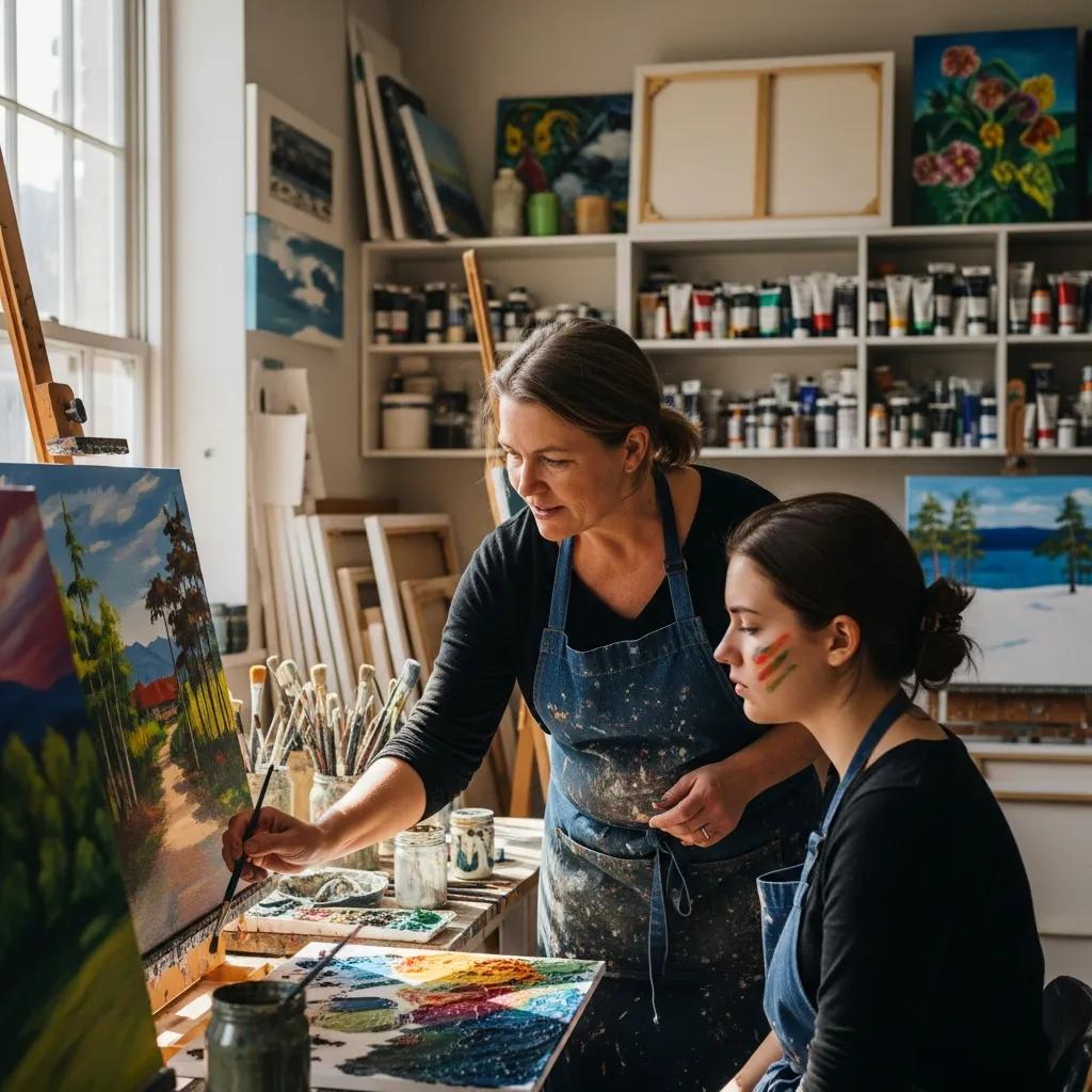 Art instructor guiding a student in a creative studio, highlighting the support in art education programs