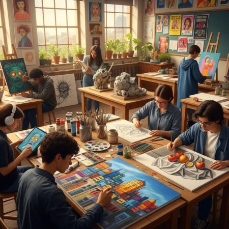 Diverse students engaged in creative activities in an art classroom, showcasing the essence of art education